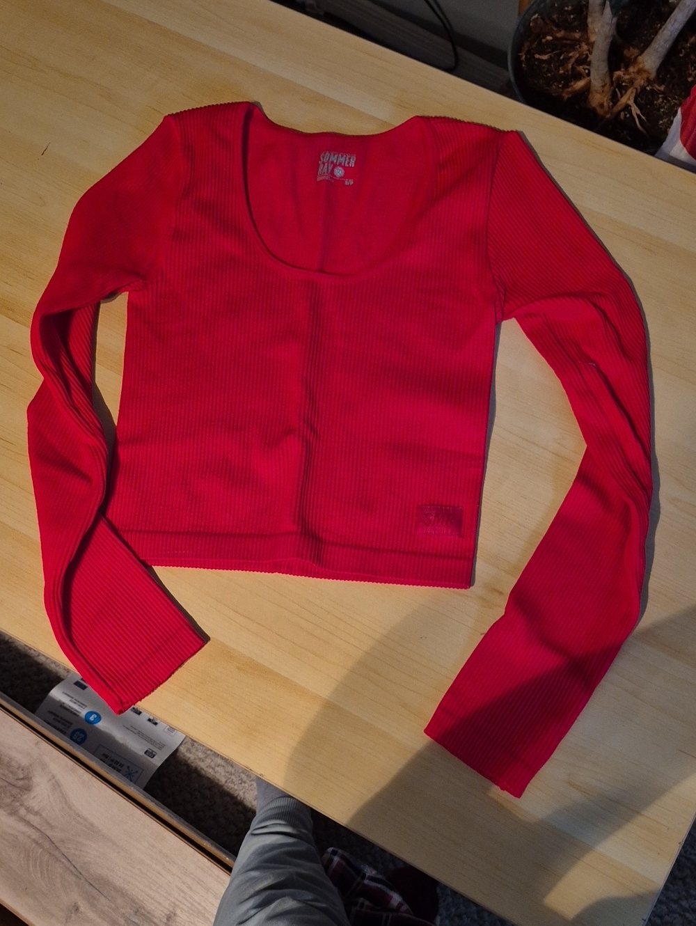 Soprano Red Ribbed Scoop-Neck Long Sleeve Crop Top